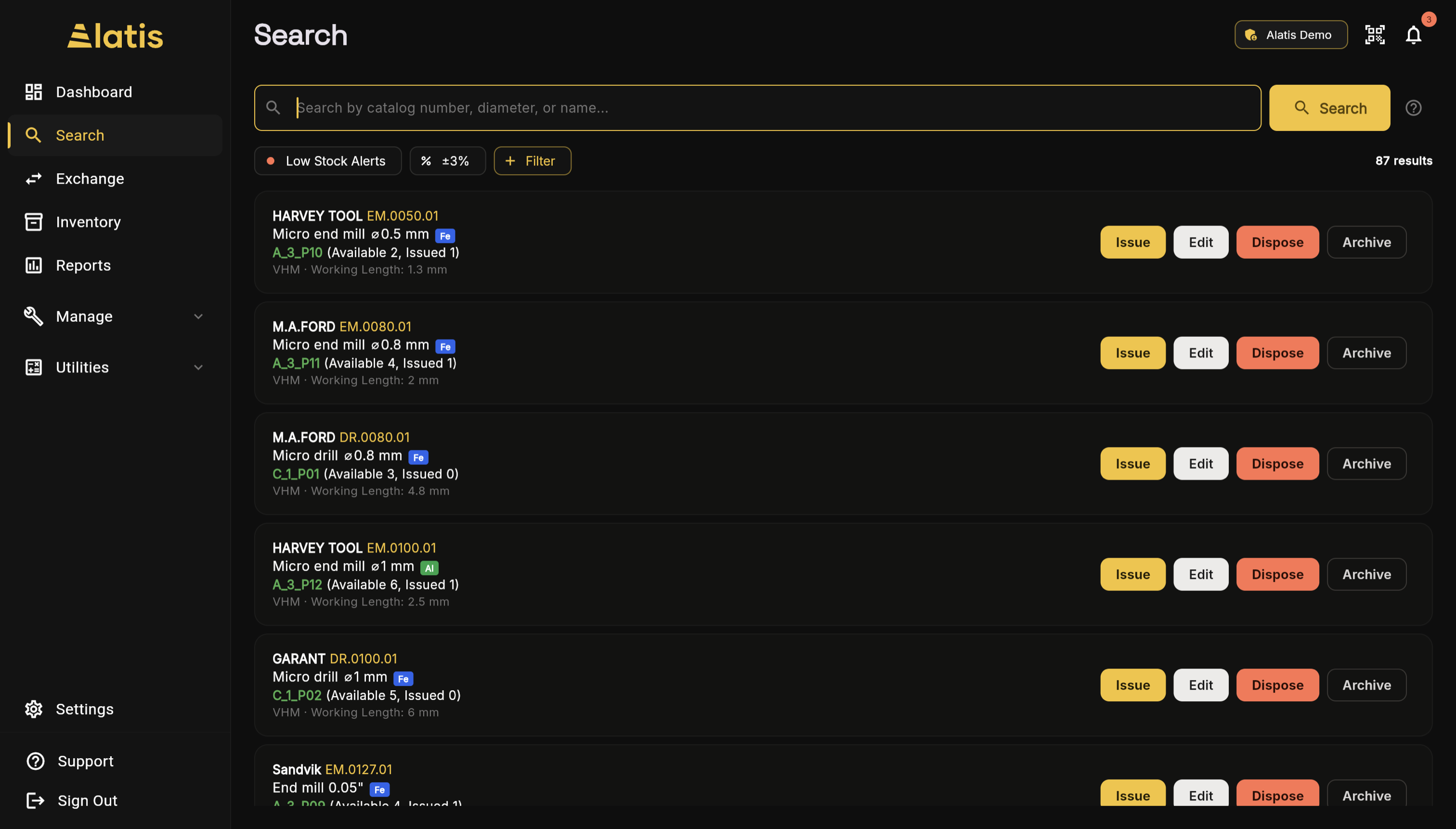 Search tools by technical specs